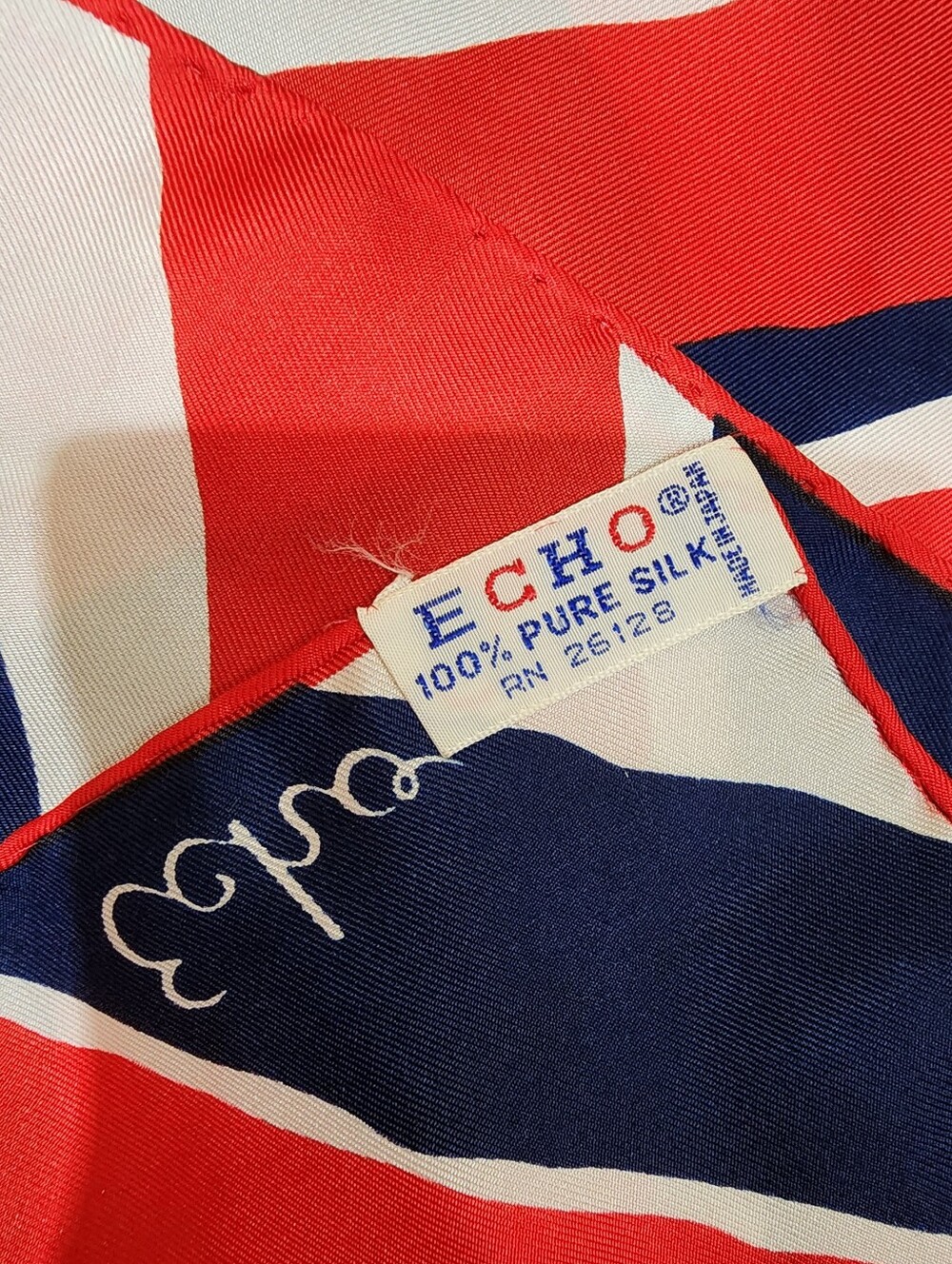 Vintage 1980s ECHO 100% Pure Silk Scarf Red White Blue Striped Hand Rolled